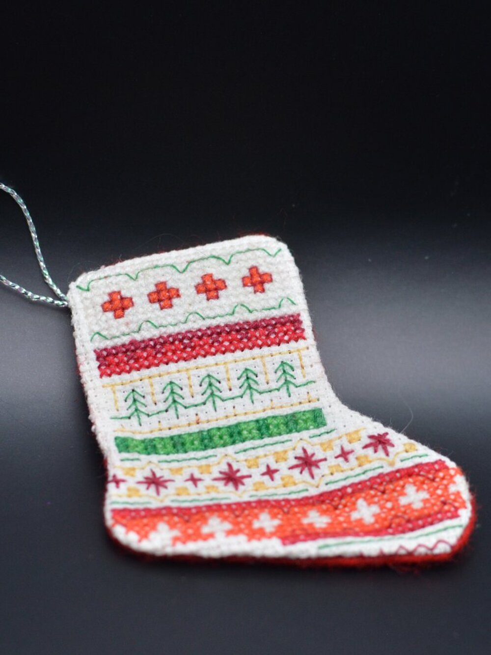 Cross Stitch Homemade Stocking Ornament - Red Stripes